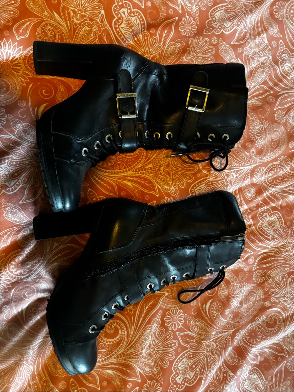 Harley-Davidson Black Leather Heeled Lace-Up Booties with Buckles